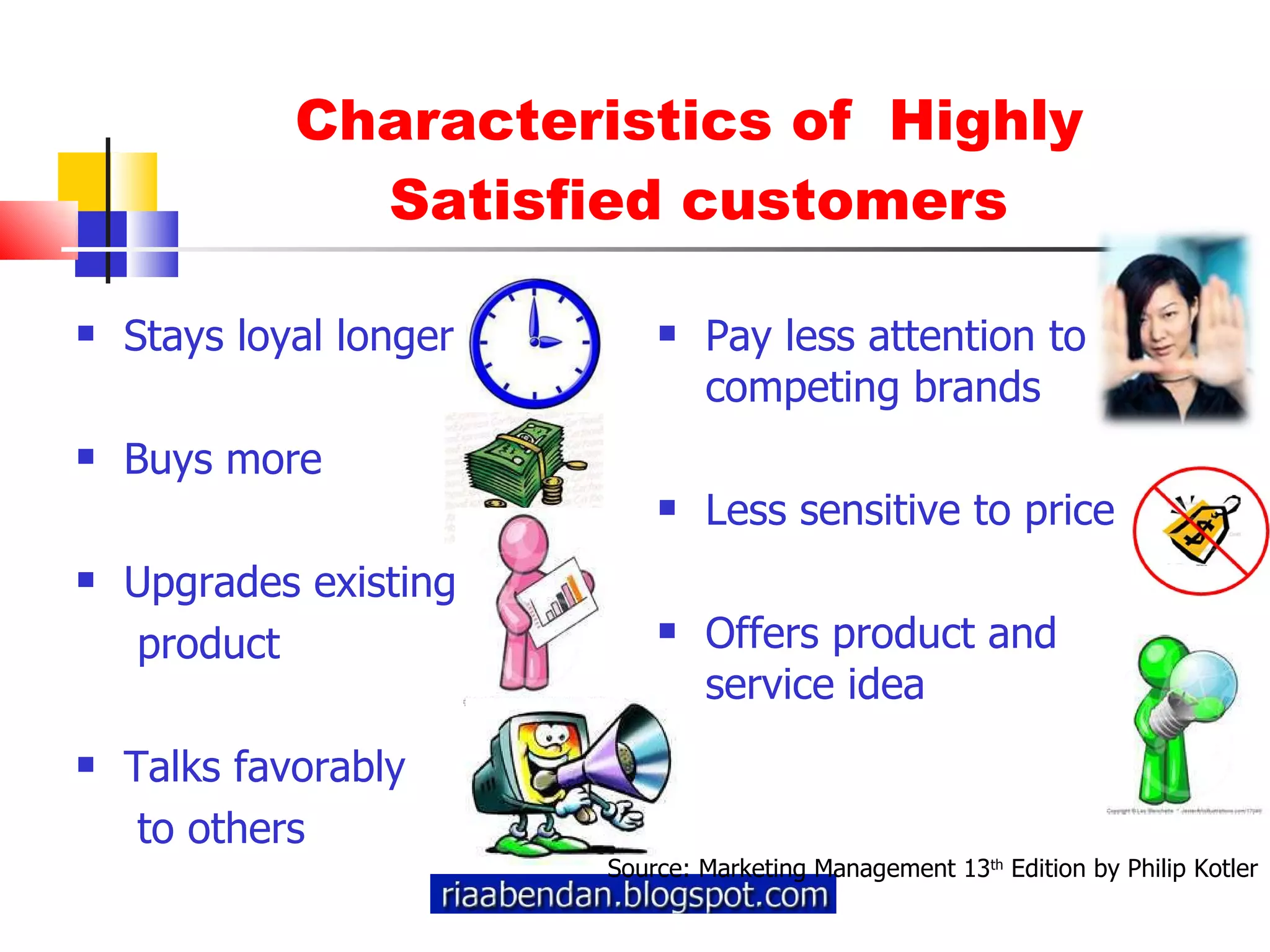 Characteristics of  Highly  Satisfied customers Stays loyal longer  Buys more  Upgrades existing   product Talks favorably   to others  Pay less attention to competing brands  Less sensitive to price Offers product and service idea  Source: Marketing Management 13 th  Edition by Philip Kotler 