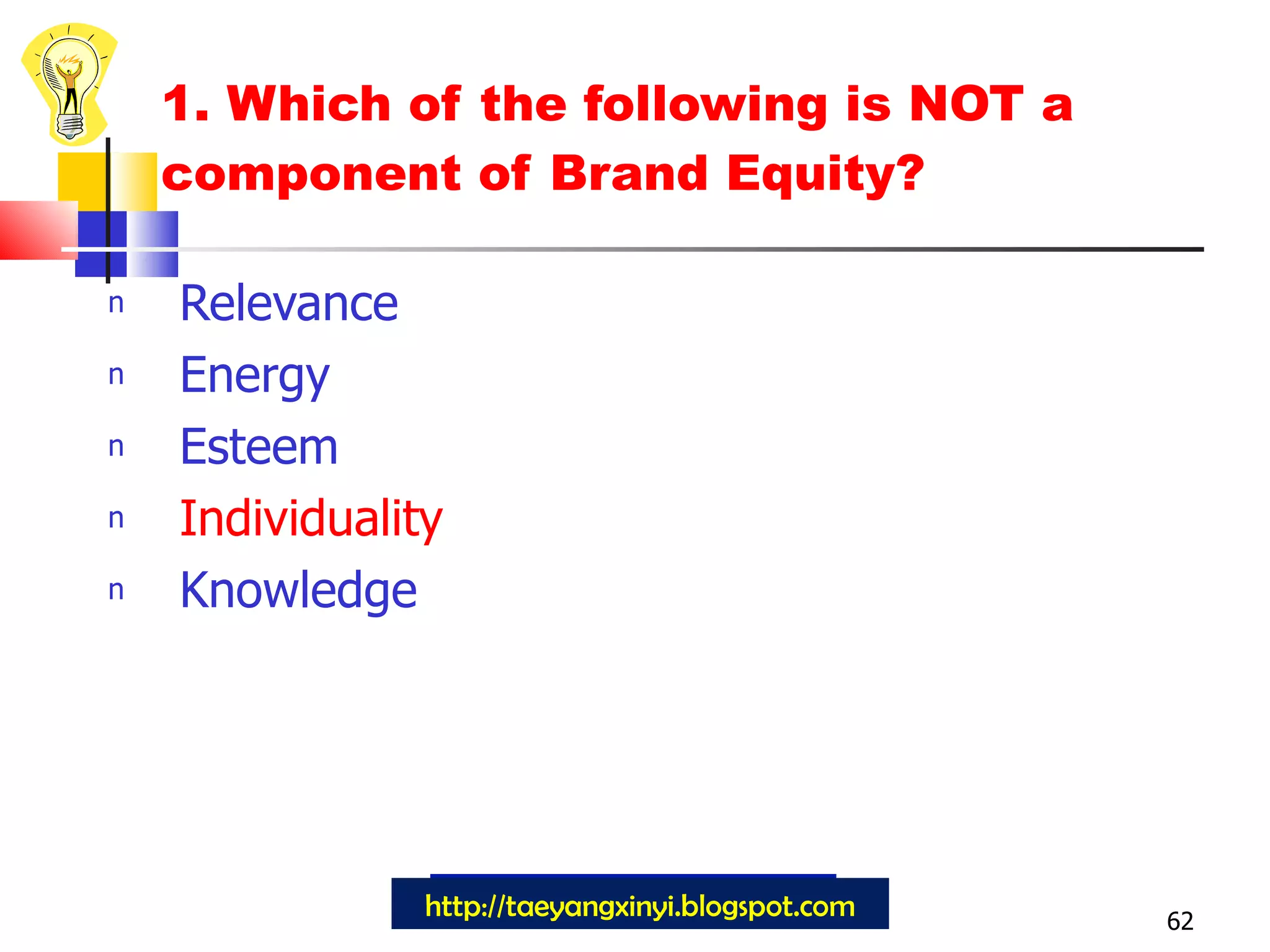 1. Which of the following is NOT a component of Brand Equity? Relevance Energy Esteem Individuality Knowledge http://taeyangxinyi.blogspot.com 