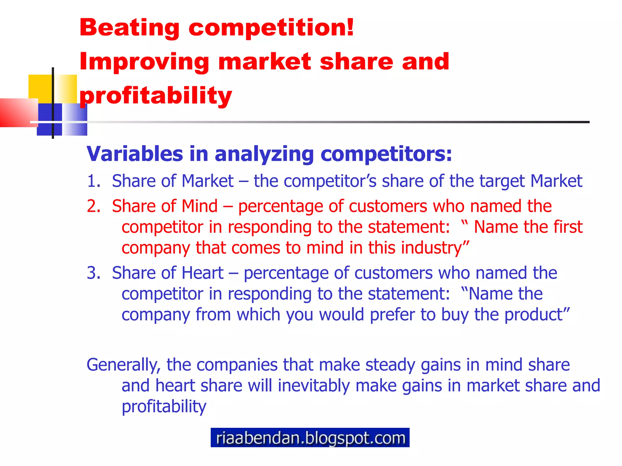 Beating competition!  Improving market share and profitability Variables in analyzing competitors: 1.  Share of Market – the competitor’s share of the target Market 2.  Share of Mind – percentage of customers who named the competitor in responding to the statement:  “ Name the first company that comes to mind in this industry” 3.  Share of Heart – percentage of customers who named the competitor in responding to the statement:  “Name the company from which you would prefer to buy the product” Generally, the companies that make steady gains in mind share and heart share will inevitably make gains in market share and profitability 