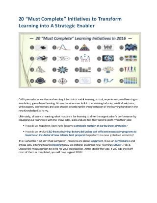 20 “Must Complete” Initiatives to Transform
Learning into A Strategic Enabler
Call it pervasive or continuous learning; informal or social learning; virtual, experience-based learning or
simulation, game-based leaning. No matter where we look in the learning industry, we find webinars,
white papers, conferences and case studies describing the transformation of the learning function in the
new Knowledge Economy.
Ultimately, all work is learning; what matters is for learning to drive the organization’s performance by
equipping our workforce with the knowledge, skills and abilities they need to perform in their jobs:
 How do we transform learning to become a strategic enabler of our business strategies?
 How do we evolve L&D from a learning factory delivering cost-efficient mandatory programs to
become an incubator of new talents, best prepared to perform in a new globalized economy?
This is what the next 20 “Must Complete” initiatives are about: alignment, focus on performance and
critical jobs, listening to and engaging today’s workforce in a brand new “learning culture”. Pick &
Choose the most appropriate ones for your organization. At the end of the year, if you can check off
most of them as completed, you will have a great 2016!
 