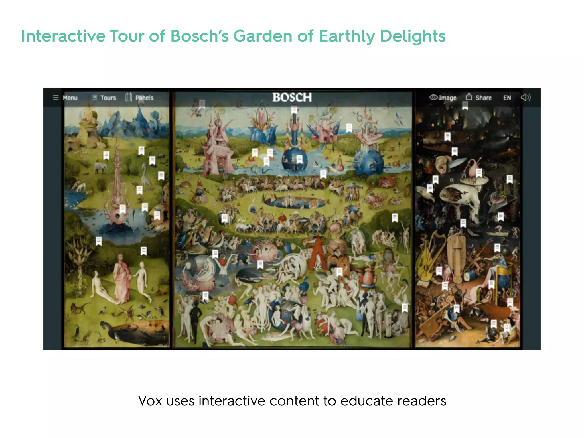 Vox uses interactive content to educate readers
Interactive Tour of Bosch’s Garden of Earthly Delights
 