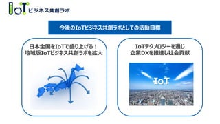 日本全国をIoTで盛り上げる！
地域版IoTビジネス共創ラボを拡大
IoTテクノロジーを通じ
企業DXを推進し社会貢献
IoT
今後のIoTビジネス共創ラボとしての活動目標
 