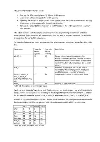 The given information will allow you to:

    •    find out the differences between 32-bit and 64-bit systems;
    •    avoid errors while writing code for 64-bit systems;
    •    speed up the process of migration of a 32-bit application on the 64-bit architecture via reducing
         the amount of time necessary for debugging and testing;
    •    forecast the amount of time necessary to port the code on the 64-bit system more accurately
         and seriously.

This article contains a lot of examples you should try in the programming environment for better
understanding. Going into them will give you more than just a set of separate elements. You will open
the door into the world of 64-bit systems.

To make the following text easier for understanding let's remember some types we can face. (see table
N1).

Type name                  Type size       Type size    Description
                           (32-bit         (64-bit
                           system)         system)
ptrdiff_t                  32              64           Signed integer type which appears after
                                                        subtraction of two pointers. This type is used to
                                                        keep memory sizes. Sometimes it is used as the
                                                        result of function returning size or -1 if an error
                                                        occurs.
size_t                     32              64           Unsigned integer type. Data of this bype is
                                                        returned by the sizeof() operator. This type is
                                                        used to keep size or number of objects.
intptr_t, uintptr_t,       32            64             Integer types capable to keep pointer value.
SIZE_T, SSIZE_T,
INT_PTR, DWORD_PTR,
etc
time_t                     32            64             Amount of time in seconds.
Table N1. Description of some integer types.

We'll use term "memsize" type in the text. This term means any simple integer type which is capable to
keep a pointer and changes its size according to the change of the platform dimension form 32-bit to 64-
bit. For example, memsize types are: size_t, ptrdiff_t, all pointers, intptr_t, INT_PTR, DWORD_PTR.

We should say some words about the data models which determine the correspondence of the sizes of
fundamental types for different systems. Table N2 contains data models which can interest us.

           ILP32 LP64 LLP64 ILP64
char       8       8       8      8
short      16      16      16     16
int        32      32      32     64
long       32      64      32     64
long long 64       64      64     64
size_t     32      64      64     64
pointer    32      64      64     64
Table N2. 32-bit and 64-bit data models.
 