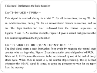 This circuit implements the logic function
Zin=T1+T6 * ADD + T4*BR+ ∙ ∙
This signal is asserted during time slot Ti for all instructions, during T6 for
an Add instruction, during T4 for an unconditional branch instruction, and so
on. The logic function for Zin is derived from the control sequences in
Figures 7 and 8. As another example, Figure 14 gives a circuit that generates the
End control signal from the logic function
End = T7 • ADD + T5 • BR + (T5 • N + T4 • N’) • BRN + • • •
The End signal starts a new instruction fetch cycle by resetting the control step
counter to its starting value. Figure 12 contains another control signal called RUN.
When set 1, RUN causes the counter to be incremented by one at the end of every
clock cycle. When RUN is equal to 0, the counter stops counting. This is needed
whenever the WMFC signal is issued, to cause the processor to wait for the reply
from the memory.
 