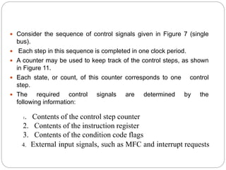  Consider the sequence of control signals given in Figure 7 (single
bus).
 Each step in this sequence is completed in one clock period.
 A counter may be used to keep track of the control steps, as shown
in Figure 11.
 Each state, or count, of this counter corresponds to one control
step.
 The required control signals are determined by the
following information:
1. Contents of the control step counter
2. Contents of the instruction register
3. Contents of the condition code flags
4. External input signals, such as MFC and interrupt requests
 