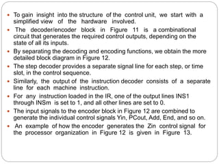  To gain insight into the structure of the control unit, we start with a
simplified view of the hardware involved.
 The decoder/encoder block in Figure 11 is a combinational
circuit that generates the required control outputs, depending on the
state of all its inputs.
 By separating the decoding and encoding functions, we obtain the more
detailed block diagram in Figure 12.
 The step decoder provides a separate signal line for each step, or time
slot, in the control sequence.
 Similarly, the output of the instruction decoder consists of a separate
line for each machine instruction.
 For any instruction loaded in the IR, one of the output lines INS1
through INSm is set to 1, and all other lines are set to 0.
 The input signals to the encoder block in Figure 12 are combined to
generate the individual control signals Yin, PCout, Add, End, and so on.
 An example of how the encoder generates the Zin control signal for
the processor organization in Figure 12 is given in Figure 13.
 