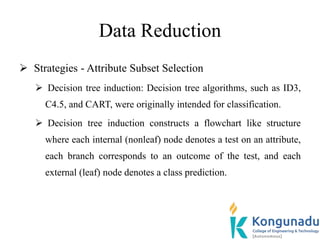 Data Reduction
 Strategies - Attribute Subset Selection
 Decision tree induction: Decision tree algorithms, such as ID3,
C4.5, and CART, were originally intended for classification.
 Decision tree induction constructs a flowchart like structure
where each internal (nonleaf) node denotes a test on an attribute,
each branch corresponds to an outcome of the test, and each
external (leaf) node denotes a class prediction.
 