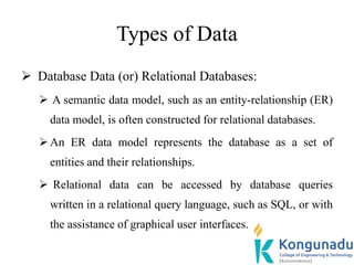 Types of Data
 Database Data (or) Relational Databases:
 A semantic data model, such as an entity-relationship (ER)
data model, is often constructed for relational databases.
An ER data model represents the database as a set of
entities and their relationships.
 Relational data can be accessed by database queries
written in a relational query language, such as SQL, or with
the assistance of graphical user interfaces.
 