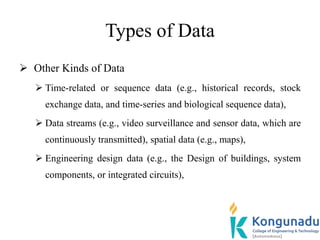 Types of Data
 Other Kinds of Data
 Time-related or sequence data (e.g., historical records, stock
exchange data, and time-series and biological sequence data),
 Data streams (e.g., video surveillance and sensor data, which are
continuously transmitted), spatial data (e.g., maps),
 Engineering design data (e.g., the Design of buildings, system
components, or integrated circuits),
 