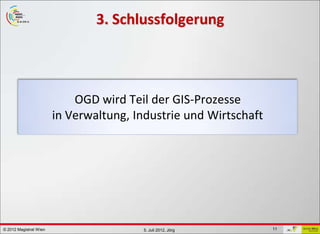 GDI - ViennaGIS®
                                3. Schlussfolgerung



                            OGD wird Teil der GIS-Prozesse
                        in Verwaltung, Industrie und Wirtschaft




© 2012 Magistrat Wien                     5. Juli 2012, Jörg      11
 