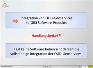 GDI - ViennaGIS®




                        Integration von OGD-Geoservices
                           in (GIS) Software-Produkte


                              Handlungsbedarf?!


                  Fast keine Software beherrscht derzeit die
                vollständige Integration der OGD-Geoservices!


© 2012 Magistrat Wien                5. Juli 2012, Jörg   12
 