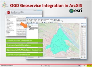GDI - ViennaGIS®
                OGD Geoservice Integration in ArcGIS




          Download WMTS Metadaten

          Download WMS Metadaten

          Download WMS Metadaten - Geoserver

          Download WFS Metadaten




© 2012 Magistrat Wien                          5. Juli 2012, Jörg   14
 