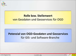 GDI - ViennaGIS®




                               Rolle bzw. Stellenwert
                        von Geodaten und Geoservices für OGD



               Potenzial von OGD-Geodaten und Geoservices
                         für GIS- und Software-Branche




© 2012 Magistrat Wien                   5. Juli 2012, Jörg     2
 