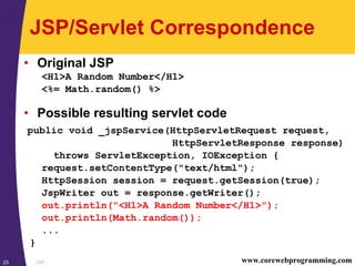 JSP23 www.corewebprogramming.com
JSP/Servlet Correspondence
• Original JSP
<H1>A Random Number</H1>
<%= Math.random() %>
• Possible resulting servlet code
public void _jspService(HttpServletRequest request,
HttpServletResponse response)
throws ServletException, IOException {
request.setContentType("text/html");
HttpSession session = request.getSession(true);
JspWriter out = response.getWriter();
out.println("<H1>A Random Number</H1>");
out.println(Math.random());
...
}
 