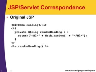 JSP31 www.corewebprogramming.com
JSP/Servlet Correspondence
• Original JSP
<H1>Some Heading</H1>
<%!
private String randomHeading() {
return("<H2>" + Math.random() + "</H2>");
}
%>
<%= randomHeading() %>
 