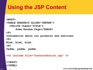 JSP53 www.corewebprogramming.com
Using the JSP Content
…
<BODY>
<TABLE BORDER=5 ALIGN="CENTER">
<TR><TH CLASS="TITLE">
Some Random Page</TABLE>
<P>
Information about our products and services.
<P>
Blah, blah, blah.
<P>
Yadda, yadda, yadda.
<%@ include file="ContactSection.jsp" %>
</BODY>
</HTML>
 