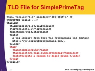 JSP83 www.corewebprogramming.com
TLD File for SimplePrimeTag
<?xml version="1.0" encoding="ISO-8859-1" ?>
<!DOCTYPE taglib ...>
<taglib>
<tlibversion>1.0</tlibversion>
<jspversion>1.1</jspversion>
<shortname>cwp</shortname>
<info>
A tag library from Core Web Programming 2nd Edition,
http://www.corewebprogramming.com/.
</info>
<tag>
<name>simplePrime</name>
<tagclass>cwp.tags.SimplePrimeTag</tagclass>
<info>Outputs a random 50-digit prime.</info>
</tag>
</taglib>
 
