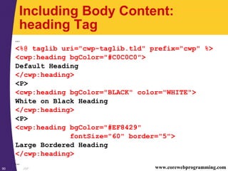 JSP90 www.corewebprogramming.com
Including Body Content:
heading Tag
…
<%@ taglib uri="cwp-taglib.tld" prefix="cwp" %>
<cwp:heading bgColor="#C0C0C0">
Default Heading
</cwp:heading>
<P>
<cwp:heading bgColor="BLACK" color="WHITE">
White on Black Heading
</cwp:heading>
<P>
<cwp:heading bgColor="#EF8429"
fontSize="60" border="5">
Large Bordered Heading
</cwp:heading>
…
 