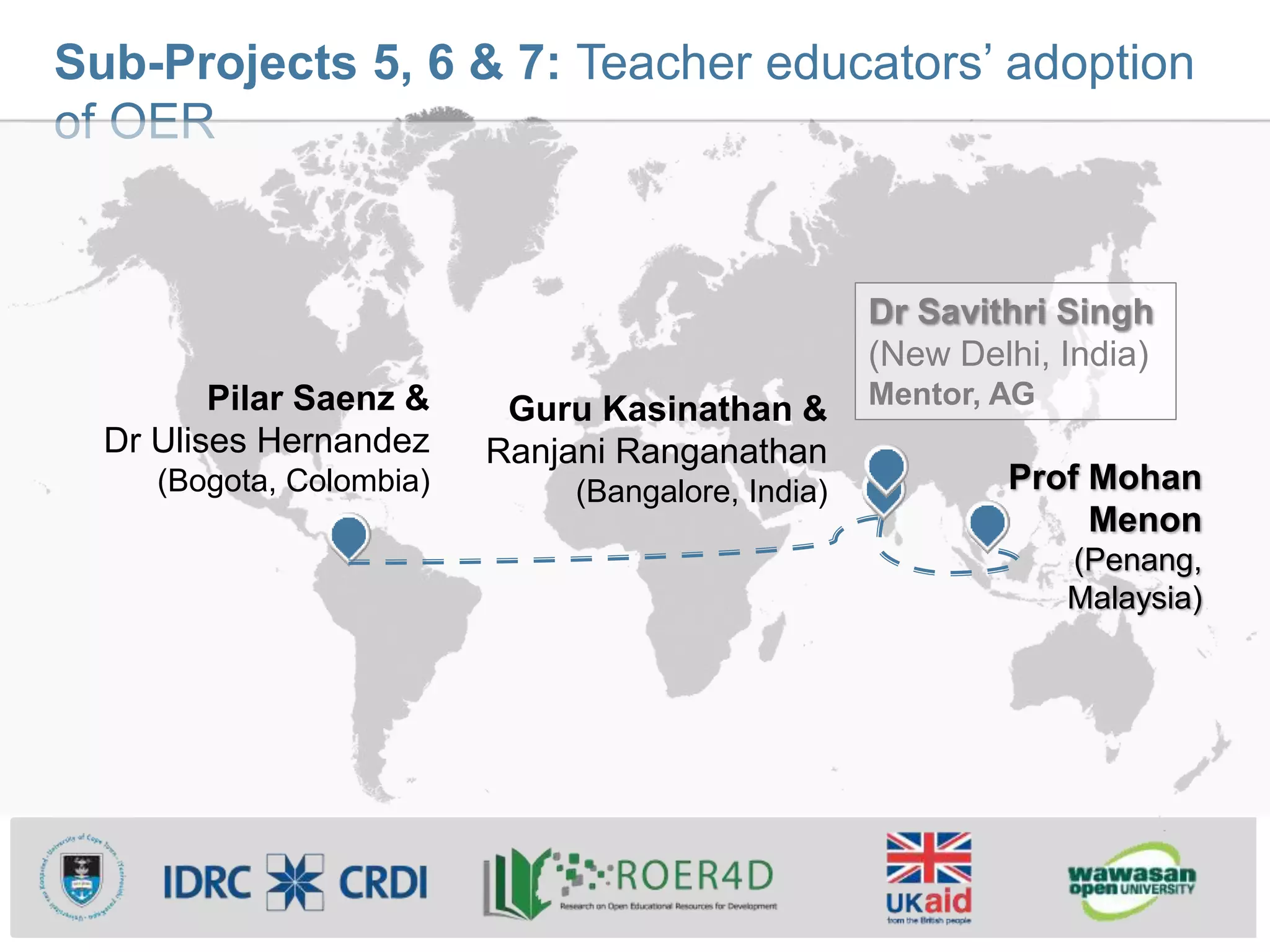 Sub-Projects 5, 6 & 7: Teacher educators’ adoption
of OER
Prof Mohan
Menon
(Penang,
Malaysia)
Pilar Saenz &
Dr Ulises Hernandez
(Bogota, Colombia)
Dr Savithri Singh
(New Delhi, India)
Mentor, AG
Guru Kasinathan &
Ranjani Ranganathan
(Bangalore, India)
 
