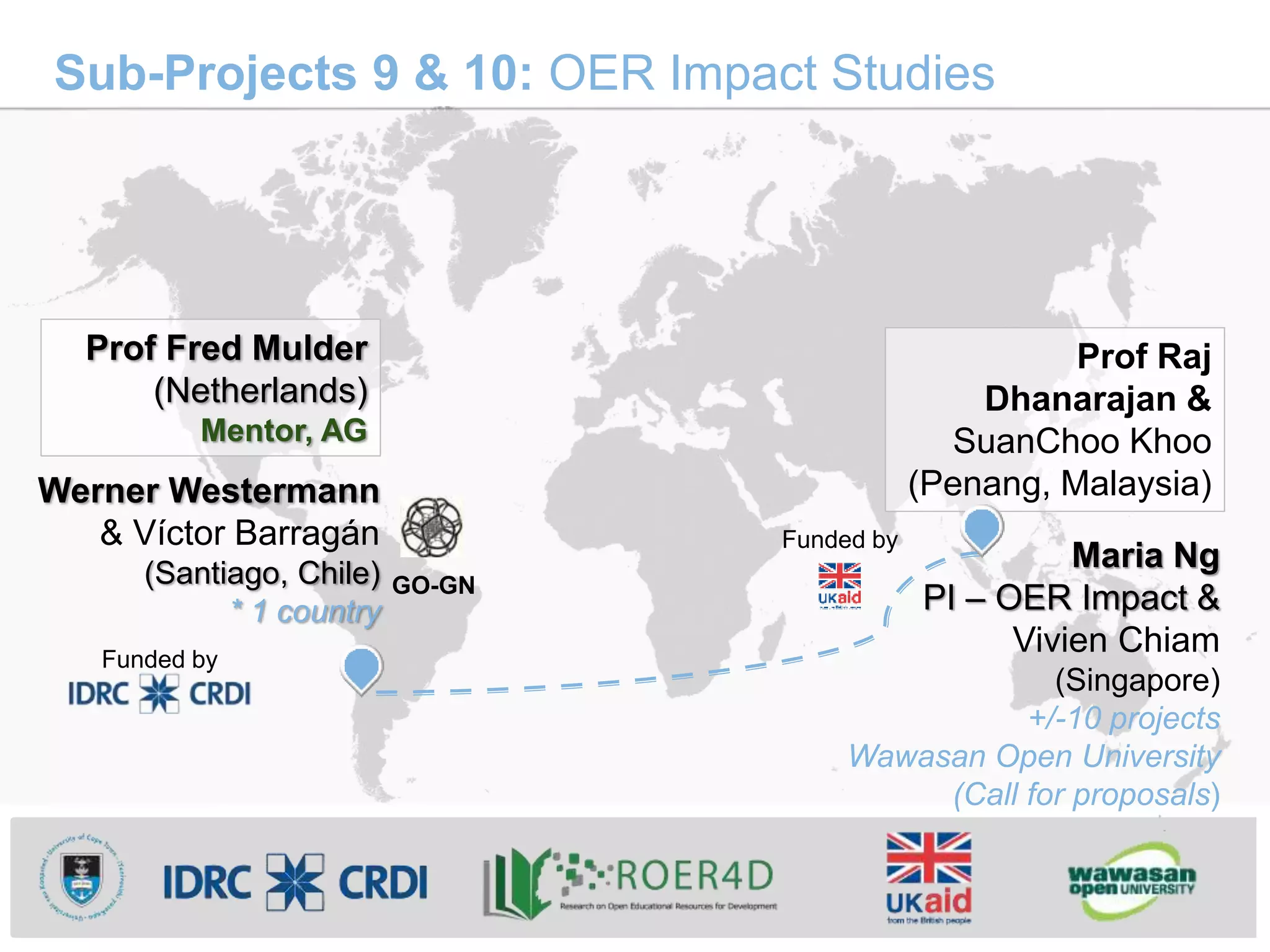 Sub-Projects 9 & 10: OER Impact Studies
Maria Ng
PI – OER Impact &
Vivien Chiam
(Singapore)
+/-10 projects
Wawasan Open University
(Call for proposals)
Prof Raj
Dhanarajan &
SuanChoo Khoo
(Penang, Malaysia)
Prof Fred Mulder
(Netherlands)
Mentor, AG
Funded by
Funded by
Werner Westermann
& Víctor Barragán
(Santiago, Chile)
* 1 country
GO-GN
 