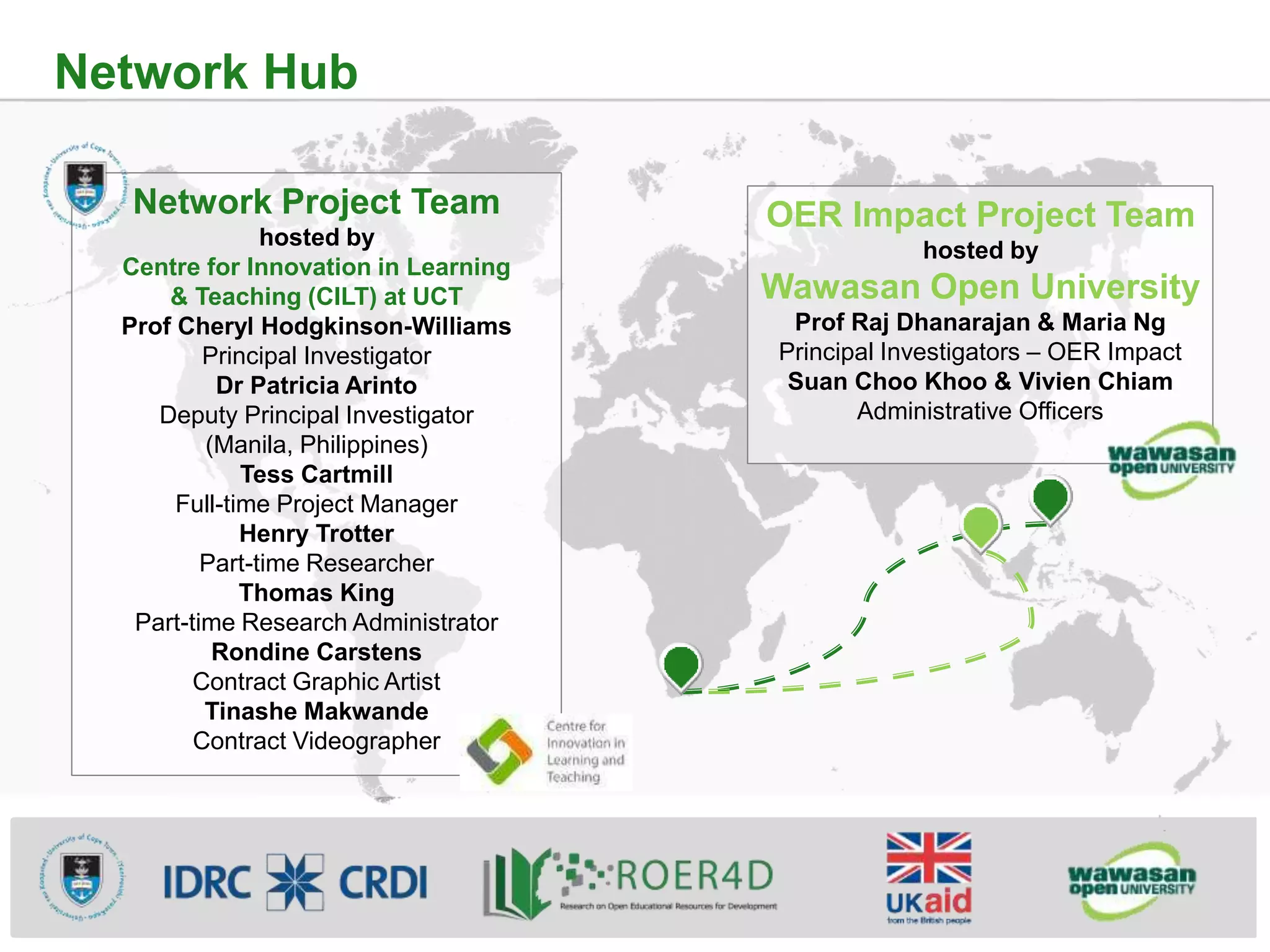 Network Hub
Network Project Team
hosted by
Centre for Innovation in Learning
& Teaching (CILT) at UCT
Prof Cheryl Hodgkinson-Williams
Principal Investigator
Dr Patricia Arinto
Deputy Principal Investigator
(Manila, Philippines)
Tess Cartmill
Full-time Project Manager
Henry Trotter
Part-time Researcher
Thomas King
Part-time Research Administrator
Rondine Carstens
Contract Graphic Artist
Tinashe Makwande
Contract Videographer
OER Impact Project Team
hosted by
Wawasan Open University
Prof Raj Dhanarajan & Maria Ng
Principal Investigators – OER Impact
Suan Choo Khoo & Vivien Chiam
Administrative Officers
 