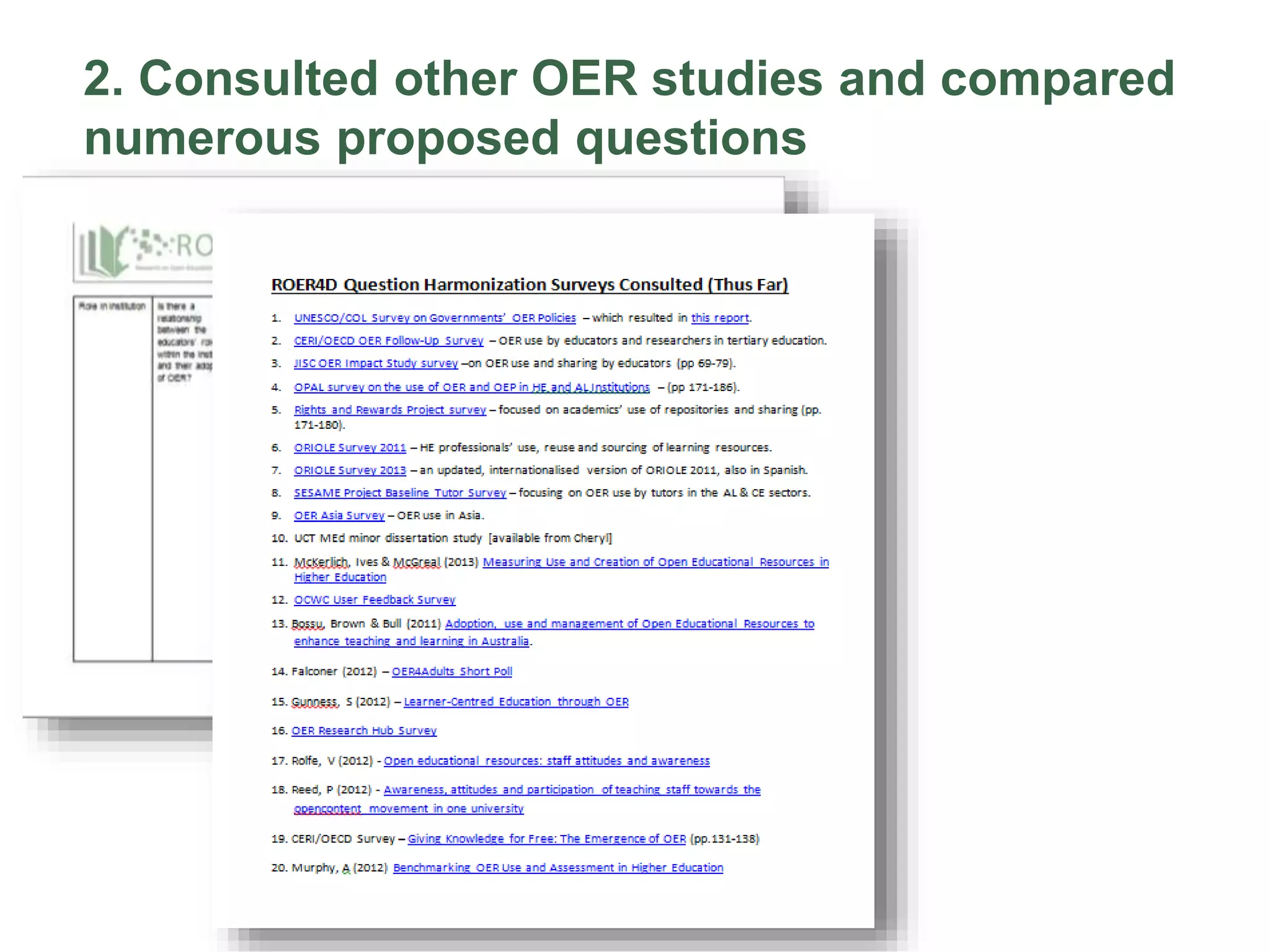 2. Consulted other OER studies and compared
numerous proposed questions
 