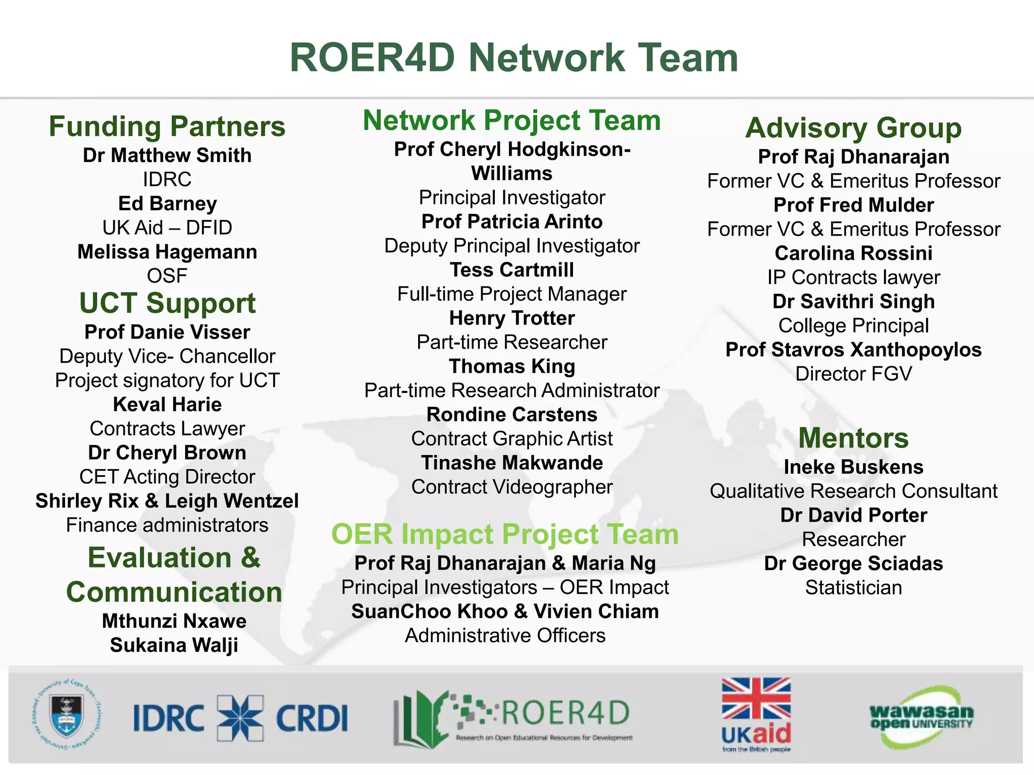 ROER4D Network Team
Funding Partners
Dr Matthew Smith
IDRC
Ed Barney
UK Aid – DFID
Melissa Hagemann
OSF
Network Project Team
Prof Cheryl Hodgkinson-
Williams
Principal Investigator
Prof Patricia Arinto
Deputy Principal Investigator
Tess Cartmill
Full-time Project Manager
Henry Trotter
Part-time Researcher
Thomas King
Part-time Research Administrator
Rondine Carstens
Contract Graphic Artist
Tinashe Makwande
Contract Videographer
UCT Support
Prof Danie Visser
Deputy Vice- Chancellor
Project signatory for UCT
Keval Harie
Contracts Lawyer
Dr Cheryl Brown
CET Acting Director
Shirley Rix & Leigh Wentzel
Finance administrators
Advisory Group
Prof Raj Dhanarajan
Former VC & Emeritus Professor
Prof Fred Mulder
Former VC & Emeritus Professor
Carolina Rossini
IP Contracts lawyer
Dr Savithri Singh
College Principal
Prof Stavros Xanthopoylos
Director FGV
Mentors
Ineke Buskens
Qualitative Research Consultant
Dr David Porter
Researcher
Dr George Sciadas
Statistician
Evaluation &
Communication
Mthunzi Nxawe
Sukaina Walji
OER Impact Project Team
Prof Raj Dhanarajan & Maria Ng
Principal Investigators – OER Impact
SuanChoo Khoo & Vivien Chiam
Administrative Officers
 