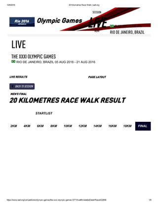 12/8/2016 20 Kilometres Race Walk | iaaf.org
https://www.iaaf.org/competitions/olympic­games/the­xxxi­olympic­games­5771/live#timetableDetail/Result/22656 1/8
SESSION
LIVENOW
05 AUG 2016 - 21 AUG 2016
RIO DE JANEIRO, BRAZIL
Olympic Games
THE XXXI OLYMPIC GAMES
RIO DE JANEIRO, BRAZIL 05 AUG 2016 ­ 21 AUG 2016
LIVE
LIVE RESULTS PAGE LAYOUT  
BACK TO SESSION
MEN'S FINAL
20 KILOMETRES RACE WALK RESULT
STARTLIST  RESULT 
2KM  4KM  6KM  8KM  10KM  12KM  14KM  16KM  18KM  FINAL 
 