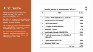 First tranche
• MSMEs that employ around 11 crore
people and have a GDP share of
approximately 29 per cent.
• Out of the 16 announcements made by the
minister, six were dedicated to the MSME
segment to infuse liquidity.
• This included Rs 3 lakh crore collateral-free
loans and Rs 50,000 crore equity infusion
for MSMEs through Fund of Funds.
• The minister also advised states and
regulatory authorities for extending the
registration and completion date of real
estate projects under RERA.
 