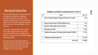 Second tranche
• Nirmala Sitharaman’s second tranche
of measures catered to migrant
workers and street vendors. The
minister introduced ‘one nation one
ration card’ to allow migrant workers
to buy ration from any depot in the
country.
• A special credit facility of Rs 5,000
crore was announced to support
around 50 lakh street vendors who
will have access to an initial Rs 10,000
working capital.
• The government allowed states to
fund the food and shelter facilities to
migrant workers from the disaster
response fund that would cost Rs
11,000 crore to the centre.
 
