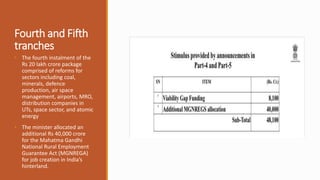 Fourth and Fifth
tranches
• The fourth instalment of the
Rs 20 lakh crore package
comprised of reforms for
sectors including coal,
minerals, defence
production, air space
management, airports, MRO,
distribution companies in
UTs, space sector, and atomic
energy
• The minister allocated an
additional Rs 40,000 crore
for the Mahatma Gandhi
National Rural Employment
Guarantee Act (MGNREGA)
for job creation in India’s
hinterland.
 