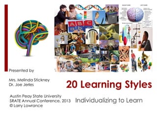 20 Learning Styles
Individualizing to Learn
Presented by
Mrs. Melinda Stickney
Dr. Joe Jerles
Austin Peay State University
SRATE Annual Conference, 2013
© Larry Lowrance
 