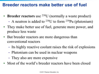 Breeder reactors make better use of fuel
• Breeder reactors use 238U (normally a waste product)
- A neutron is added to 238U to form 239Pu (plutonium)
• They make better use of fuel, generate more power, and
produce less waste
• But breeder reactors are more dangerous than
conventional reactors
- Its highly reactive coolant raises the risk of explosions
- Plutonium can be used in nuclear weapons
- They also are more expensive
• Most of the world’s breeder reactors have been closed
© 2011 Pearson Education, Inc.

 