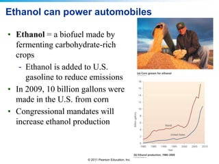 Ethanol can power automobiles
• Ethanol = a biofuel made by
fermenting carbohydrate-rich
crops
- Ethanol is added to U.S.
gasoline to reduce emissions
• In 2009, 10 billion gallons were
made in the U.S. from corn
• Congressional mandates will
increase ethanol production

© 2011 Pearson Education, Inc.

 