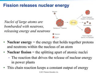 Fission releases nuclear energy

Nuclei of large atoms are
bombarded with neutrons,
releasing energy and neutrons

• Nuclear energy = the energy that holds together protons
and neutrons within the nucleus of an atom
• Nuclear fission = the splitting apart of atomic nuclei
- The reaction that drives the release of nuclear energy
in power plants
• This chain reaction keeps a constant output of energy
© 2011 Pearson Education, Inc.

 