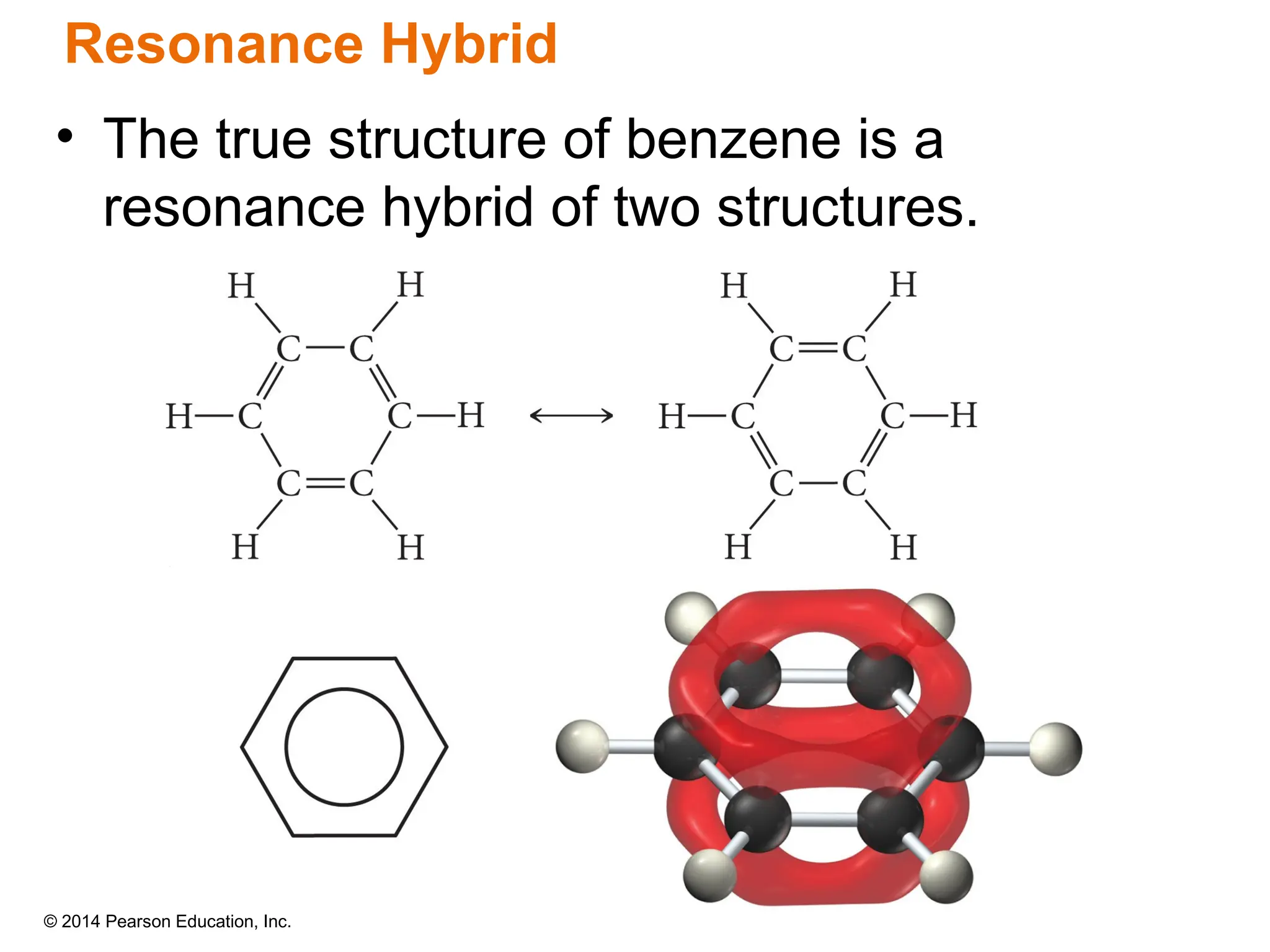 © 2014 Pearson Education, Inc.
Resonance Hybrid
• The true structure of benzene is a
resonance hybrid of two structures.
 