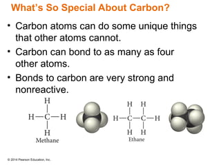 © 2014 Pearson Education, Inc.
• Carbon atoms can do some unique things
that other atoms cannot.
• Carbon can bond to as many as four
other atoms.
• Bonds to carbon are very strong and
nonreactive.
What’s So Special About Carbon?
 