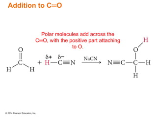 © 2014 Pearson Education, Inc.
Addition to C═O
Polar molecules add across the
C═O, with the positive part attaching
to O.
 −
 