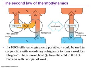 The second law of thermodynamics
• If a 100%-efficient engine were possible, it could be used in
conjunction with an ordinary refrigerator to form a workless
refrigerator, transferring heat QC from the cold to the hot
reservoir with no input of work.
© 2016 Pearson Education Inc.
 