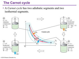 The Carnot cycle
• A Carnot cycle has two adiabatic segments and two
isothermal segments.
© 2016 Pearson Education Inc.
 