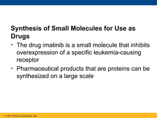 • The drug imatinib is a small molecule that inhibits
overexpression of a specific leukemia-causing
receptor
• Pharmaceutical products that are proteins can be
synthesized on a large scale
Synthesis of Small Molecules for Use as
Drugs
© 2011 Pearson Education, Inc.
 