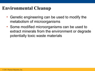 Environmental Cleanup
• Genetic engineering can be used to modify the
metabolism of microorganisms
• Some modified microorganisms can be used to
extract minerals from the environment or degrade
potentially toxic waste materials
© 2011 Pearson Education, Inc.
 