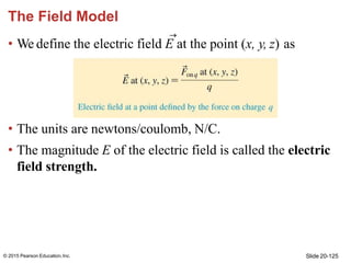 The Field Model
• We define the electric field E at the point (x, y, z) as
• The units are newtons/coulomb, N/C.
• The mag...