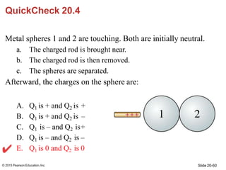 QuickCheck 20.4
Metal spheres 1 and 2 are touching. Both are initially neutral.
a. The charged rod is brought near.
b. The...