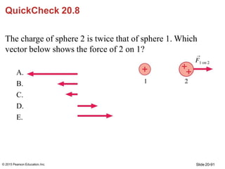 QuickCheck 20.8
The charge of sphere 2 is twice that of sphere 1. Which
vector below shows the force of 2 on 1?
A.
B.
C.
D...