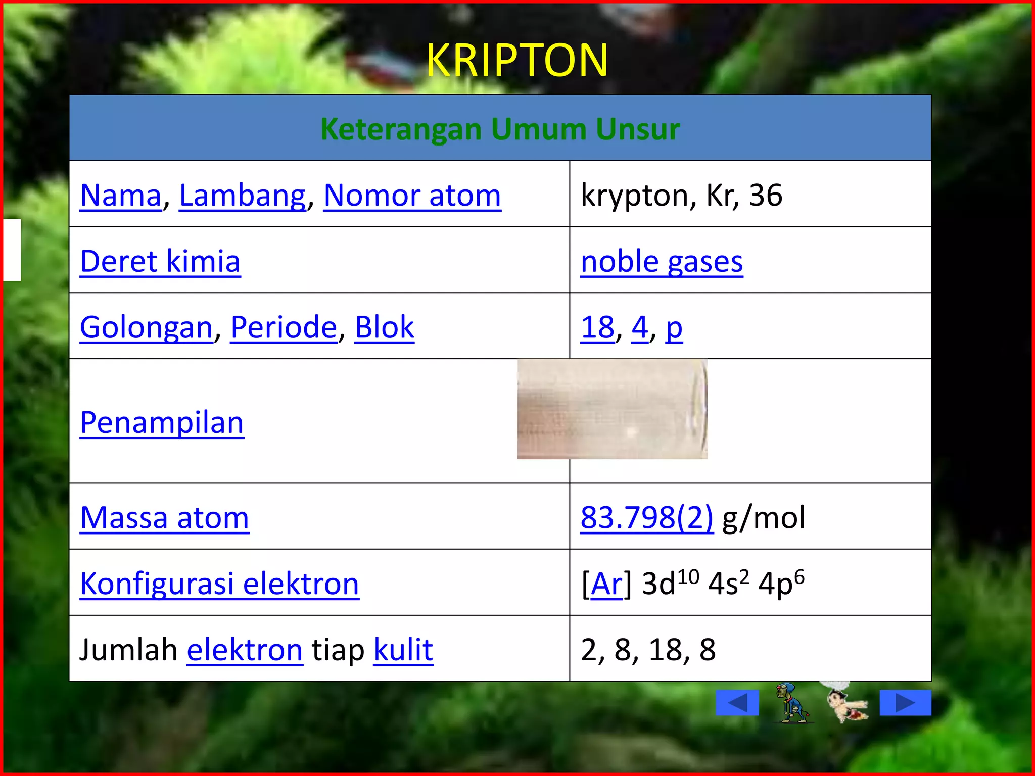 KRIPTON
2, 8, 18, 8Jumlah elektron tiap kulit
[Ar] 3d10 4s2 4p6Konfigurasi elektron
83.798(2) g/molMassa atom
Penampilan
18, 4, pGolongan, Periode, Blok
noble gasesDeret kimia
krypton, Kr, 36Nama, Lambang, Nomor atom
Keterangan Umum Unsur
 