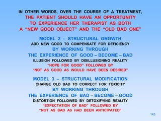 IN OTHER WORDS, OVER THE COURSE OF A TREATMENT,
THE PATIENT SHOULD HAVE AN OPPORTUNITY
TO EXPERIENCE HER THERAPIST AS BOTH
A “NEW GOOD OBJECT” AND THE “OLD BAD ONE”
MODEL 2 – STRUCTURAL GROWTH
ADD NEW GOOD TO COMPENSATE FOR DEFICIENCY
BY WORKING THROUGH
THE EXPERIENCE OF GOOD – BECOME – BAD
ILLUSION FOLLOWED BY DISILLUSIONING REALITY
“HOPE FOR GOOD” FOLLOWED BY
“NOT AS GOOD AS WOULD HAVE BEEN DESIRED”
MODEL 3 – STRUCTURAL MODIFICATION
CHANGE OLD BAD TO CORRECT FOR TOXICITY
BY WORKING THROUGH
THE EXPERIENCE OF BAD – BECOME – GOOD
DISTORTION FOLLOWED BY DETOXIFYING REALITY
“EXPECTATION OF BAD” FOLLOWED BY
“NOT AS BAD AS HAD BEEN ANTICIPATED”
143
 