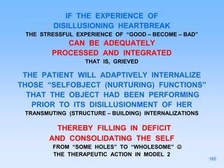 IF THE EXPERIENCE OF
DISILLUSIONING HEARTBREAK
THE STRESSFUL EXPERIENCE OF “GOOD – BECOME – BAD”
CAN BE ADEQUATELY
PROCESSED AND INTEGRATED
THAT IS, GRIEVED
THE PATIENT WILL ADAPTIVELY INTERNALIZE
THOSE “SELFOBJECT (NURTURING) FUNCTIONS”
THAT THE OBJECT HAD BEEN PERFORMING
PRIOR TO ITS DISILLUSIONMENT OF HER
TRANSMUTING (STRUCTURE – BUILDING) INTERNALIZATIONS
THEREBY FILLING IN DEFICIT
AND CONSOLIDATING THE SELF
FROM “SOME HOLES” TO “WHOLESOME” 
THE THERAPEUTIC ACTION IN MODEL 2
185
 
