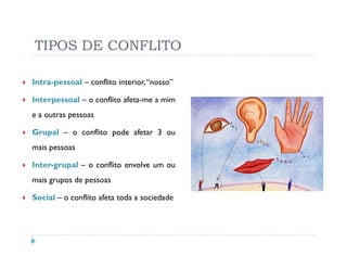 TIPOS DE CONFLITO

Intra-pessoal – conflito interior,“nosso”

Interpessoal – o conflito afeta-me a mim
e a outras pessoas

Grupal – o conflito pode afetar 3 ou
mais pessoas

Inter-grupal – o conflito envolve um ou
mais grupos de pessoas

Social – o conflito afeta toda a sociedade
 