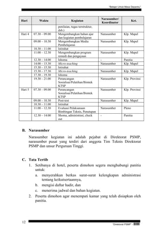 “Belajar Untuk Masa Depanku”




                                                         Narasumber/
Hari         Waktu                 Kegiatan                                        Ket.
                                                         Koordinator
                         penilaian, tugas terstruktur,
                         dsb.)
Hari 4   07.30 – 09.00   Mengembangkan bahan ajar        Narasumber        Klp. Mapel
                         dan kegiatan pembelajaran
         09.00 – 10.30   Mengembangkan Media             Narasumber        Klp. Mapel
                         Pembelajaran
         10.30 – 11.00   Istirahat
         11.00 – 12.30   Mengembangkan program           Narasumber        Klp. Mapel
                         remedi dan pengayaan
         12.30 – 14.00   Ishoma                          -                 Panitia
         14.00 – 15.30   Micro-teaching                  Narasumber        Klp. Mapel
         15.30 – 15.30   Istirahat
         15.30 – 17.30   Micro-teaching                  Narasumber        Klp. Mapel
         17.30 – 19.30   Ishoma
         19.30 – 21.00   Perancangan                     Narasumber        Klp. Provinsi
                         Sosialisai/Pelatihan/Bimtek
                         KTSP
Hari 5   07.30 – 09.00   Perancangan                     Narasumber        Klp. Provinsi
                         Sosialisai/Pelatihan/Bimtek
                         KTSP
         09.00 – 10.30   Post-test                       Narasumber        Klp. Mapel
         10.30 – 11.00   Istirahat
         11.00 – 12.30   Evaluasi Pelaksanaan            Narasumber        Pleno
                         Bimbingan Teknis, Penutupan
         12.30 – 14.00   Shoma, administrasi, check      -                 Panitia
                         out


B. Narasumber
       Narasumber kegiatan ini adalah pejabat di Direktorat PSMP,
       narasumber pusat yang terdiri dari anggota Tim Teknis Direktorat
       PSMP dan unsur Perguruan Tinggi.


C. Tata Tertib
   1. Setibanya di hotel, peserta dimohon segera menghubungi panitia
      untuk:
      a. menyerahkan berkas surat-surat kelengkapan administrasi
          tentang keikutsertaannya,
      b. mengisi daftar hadir, dan
      c. menerima jadwal dan bahan kegiatan.
   2. Peserta dimohon agar menempati kamar yang telah disiapkan oleh
      panitia.




12
                                                                 “Direktorat PSMP” -   QEC24711
 